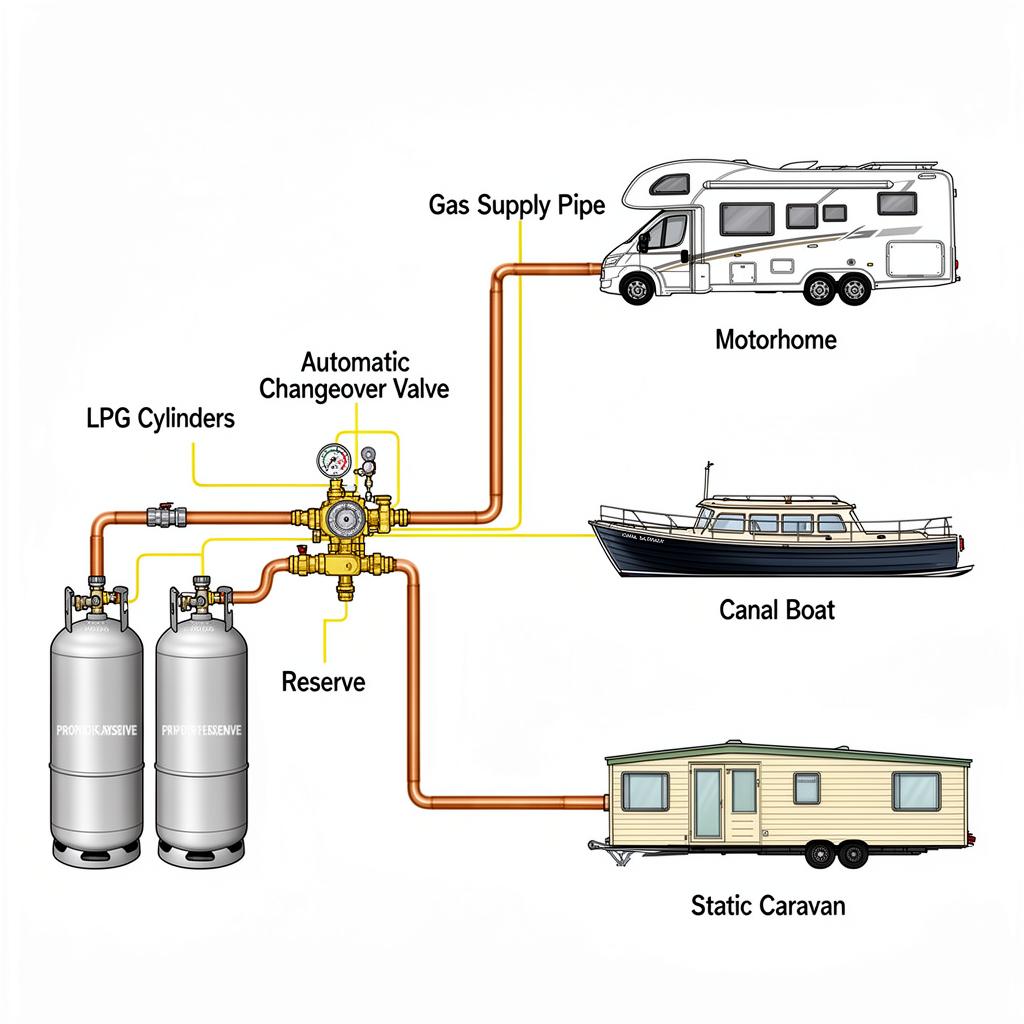 LPG cylinders with automatic changeover valve and gas supply pipes to motorhome, canal boat and static caravan