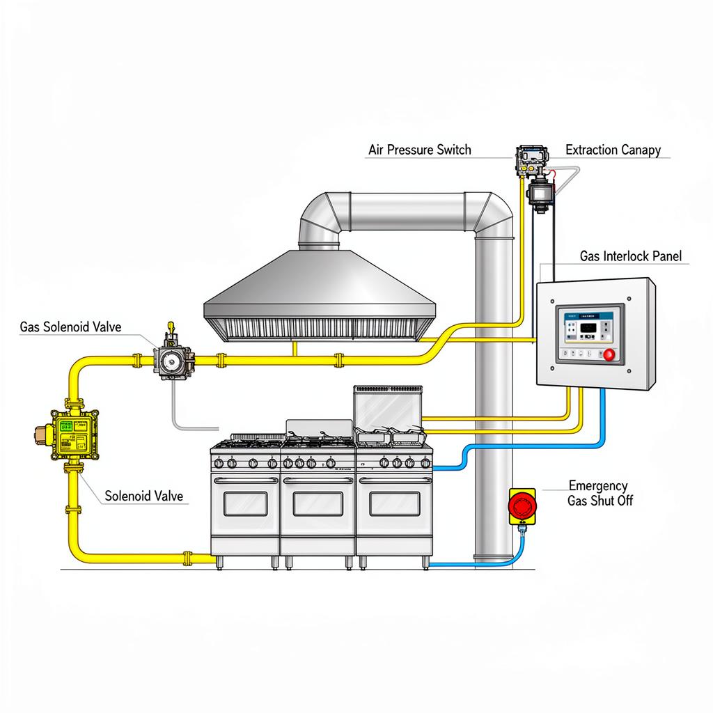 Commercial kitchen gas interlock system showing gas meter, solenoid valve, interlock panel, extraction canopy, emergency stop and ventilation