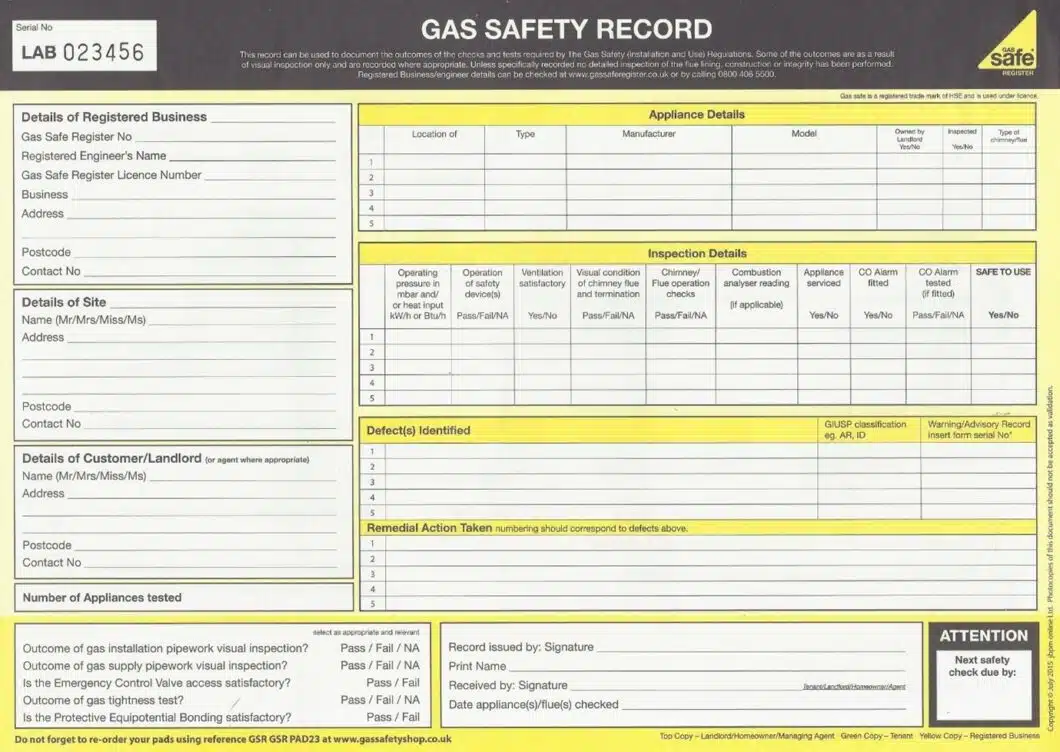 Sample completed Gas Safety Record document with appliance and inspection details